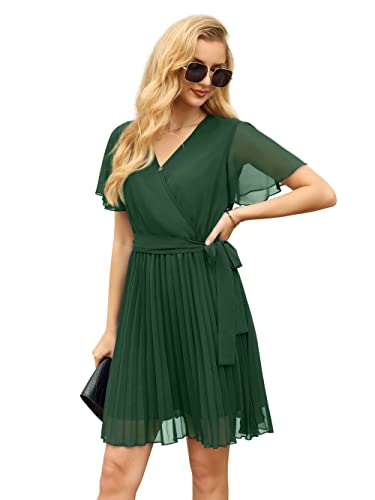 Grecerelle Casual Spring Dresses For Women Flounce Short Sleeve Wrap Dress V-Neck Mini Dress Blackish Green(Large, Blackish Green) #TOP5
