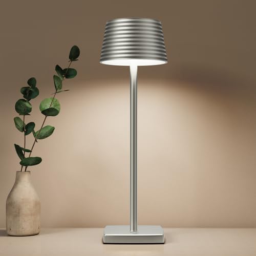 HYMZP Lámpara de Mesa Metálica,Lamparas de Mesita de Noche Recargable con toma USB, Lámpara inalámbrica con regulador táctil para Habitaciones, Restaurantes, Oficinas, Bares (Plata)