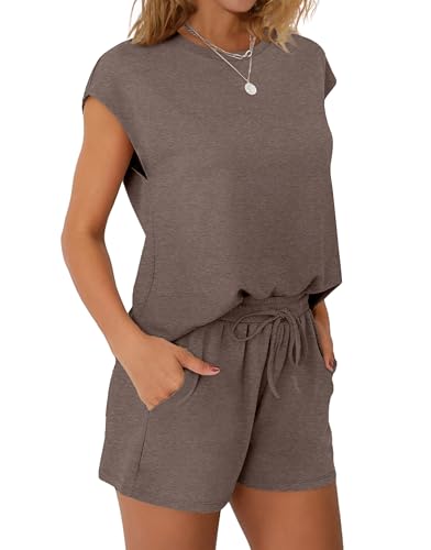 Image of WIHOLL Two Piece Sets for Women Summer Crew Neck Lounge Short Sets Cap Sleeve Drawstring Sweatsuit with Pocket