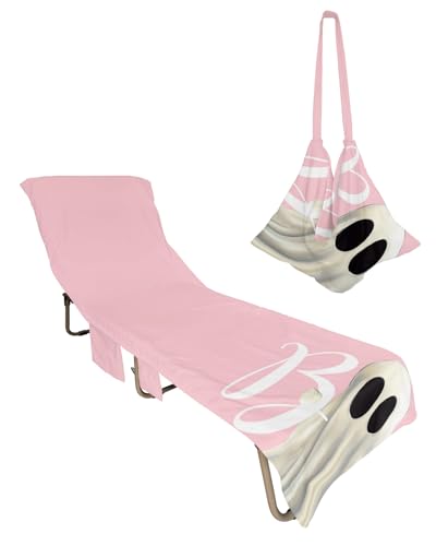 Pink Halloween Ghost Beach Lounge Chair Towel Cover, Soft Chaise Lounge Towel with Side Pockets Patio Pool Chairs Cover for Beach/Pool Sunbathing 29x85 Watercolor White Ghost Pink