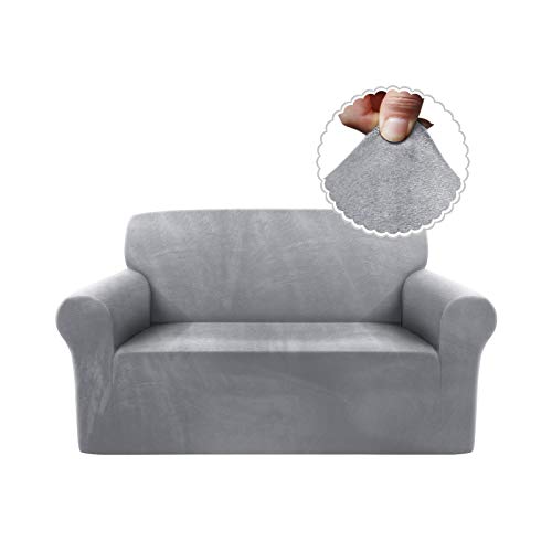 TAOCOCO Velvet Loveseat Couch Cover Soft Sofa Cover Stretch Slipcover Velour Furniture Protector for 2 Cushion Couch with Elastic Bands for Kids Pets, Grey Light