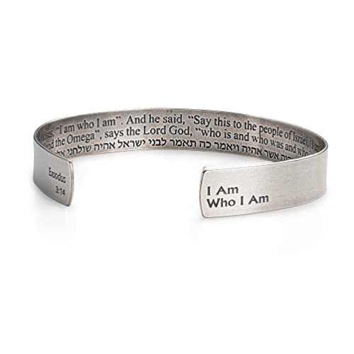 Silver Cuff Bracelet For Men And Women, Religious Christian Prayer Bracelet Engraved With I Am Who I Am Verses Scripture, Exodus 3:14, Unique Hebrew Bible Jewelry Handmade In Israel By Halleljewelry #TOP21