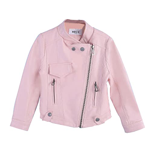 JEATHA Mädchen Bikerjacke Lederjacke Kinder Langarm Jacke Mantel Kunstleder Motorradjacke Übergangsjacke Strickjacke Cardigan Herbst Winter Outwear Rosa 98-104