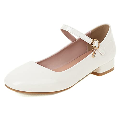 Gicoiz Boda Mary Jane Mujer Block Tacón Bajo Comodo Bomba Correa de Tobillo Punta Quadrada Moda Fiesta Oficina Trabajo Formal Zapatos Shiny Blanco Talla 40 EU-41Cn