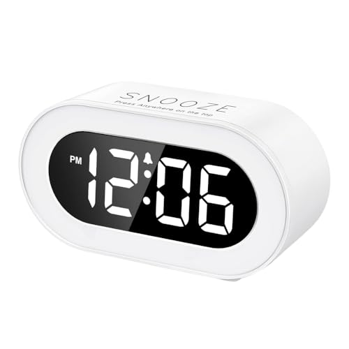 Image of Compact LED Digital Alarm Clock with Full-Range Brightness Dimmer, Adjustable Volume, Snooze Function - Outlet Powered, Small Desk Clock for Bedroom (White) (LED Digital Alarm Clock White)