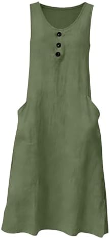 Frostluinai Summer Dresses for Women Over 60 Linen Midi Dresses for Women Summer Solid Boho Beach Dress Crew Neck Sleeveless Sundresses with Pockets Green - 5