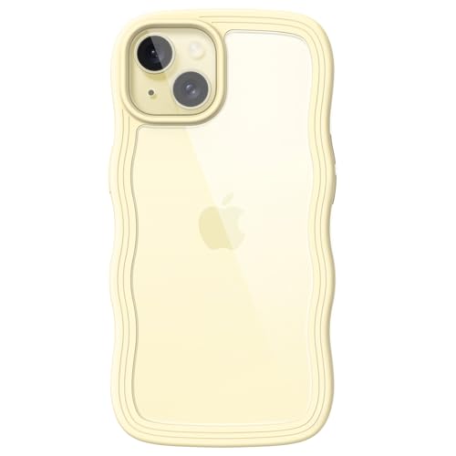 JETech Funda Linda para iPhone 15 6,1 Pulgadas, Carcasa Marco de Onda Forma Rizado Antigolpes para Mujeres y Niñas, Respaldo Transparente PC Dura (Amarillo)