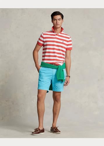 Image of POLO RALPH LAUREN Mesh Short-Sleeve Classic Fit Mens Polo Shirt with Bold Stripes and Polo Pony Embroidery Shirt (US, Alpha, X-Large, Regular, Regular, Reef Red - White)