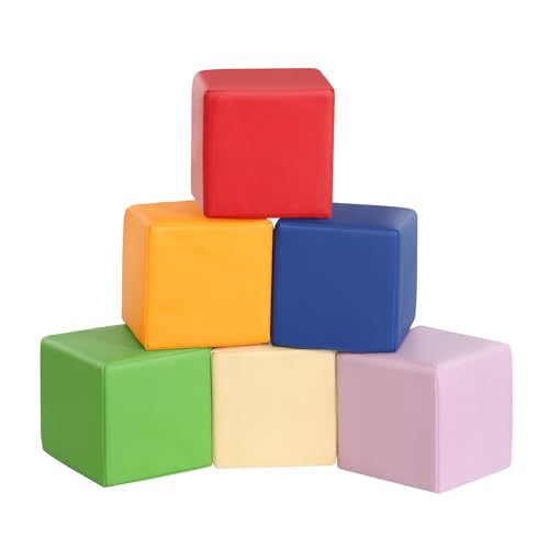 Image of Foam Building Toys for Toddlers: 6Pcs Waterproof PU Leather Soft Foam Blocks - Colorful Large Stacking Blocks - Early Learning Construction Play Set for Kids Indoor Birthday Gift Preschool (Rainbow)