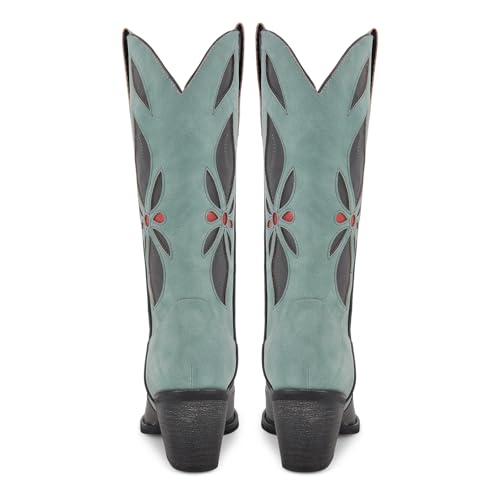 sexytag Embroidered Western Cowboy Boots for Women Cutout Pointed Toe Chunky Low Heel Vintage Pull On Cowgirl Boots2