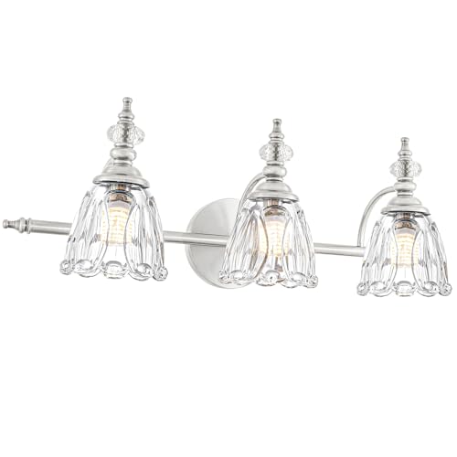Image of Brushed Nickel Vanity Light, Antique Bathroom Vanity Light Over Mirror, 3 Light Lighting Fixture with Flower Glass Shade, Farmhouse Sconces Wall Lighting for Hallway Living Room Bedroom