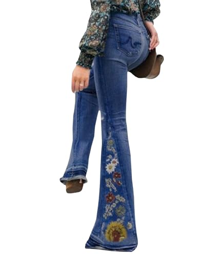Women's Floral Embroidered Bell Bottom Jeans Distressed Denim Pants Plus Size High Rise Wide Legs Flare Jeans