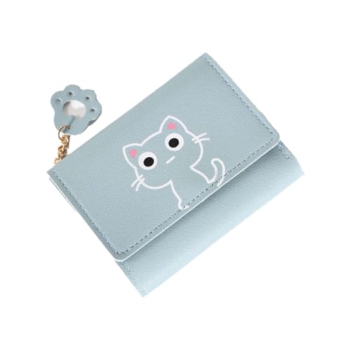 Cute Cat Small Wallet Woman with 7 Card Slots and ID Window, Short Woman Wallet Small Kitten Womens Purses with Cat Paw Decoration (Cat, Blue)