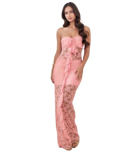Image of PORRCEY Women's Sexy Rhinestone Lace Sheer Mesh Formal Evening Dress