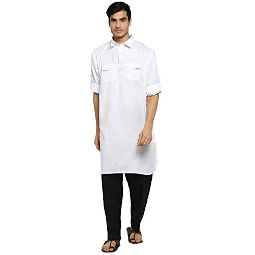 Kurta Pathani en coton vêtement traditionnel homme ensemble blanc 40