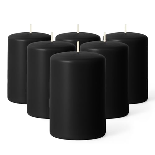 Biedermann & Sons Black Pillar Candles (6 Pack), 4 Inch Tall 3 Inch Wide Round, Unscented Paraffin Wax, Approx 40 to 45 Hour Burn, Dripless Decorative Candles for Centerpieces