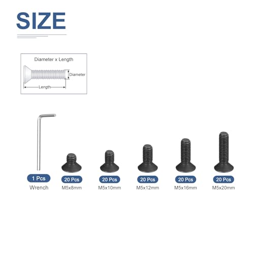 Image of DTGN 100Pcs M5 x 8mm /10mm /12mm /16mm /20mm Flat Head Hex Socket Cap Screws Bolts Kit with Wrench, Carbon Steel Black Oxide, Full Thread, Countersunk Bolts
