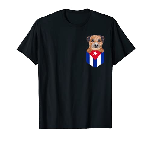 Cuba Flag Border Terrier Dog In Pocket T-Shirt, Black