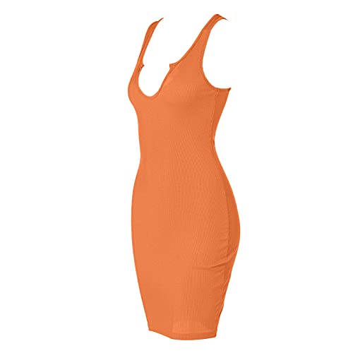 Mulisky Women's Casual Basic Pencil Tank Dress Deep V Neck Sexy Sleeveless Bodycon Short Club Dress Orange M #TOP5