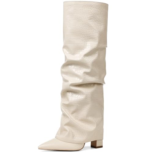 Image of SaraIris Women's Slouchy Knee High Boots - Black, Pointed Toe, Fold Over, Chunky, Shark Boots