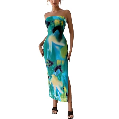 Image of Women's Tube Top Maxi Dresses Printed Tie Dye Strapless Bodycon Long Dress Split Side Sleeveless Party Elegant Outfits