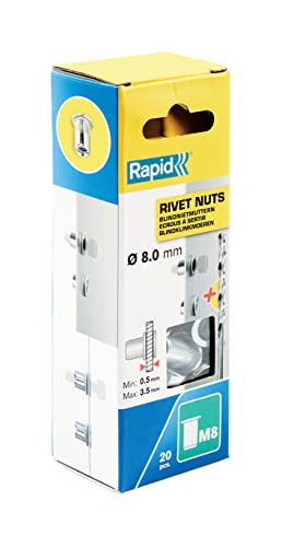 Rapid Nietmuttern M8, 0,5-3,5mm Klemmbereich, 20 Stk. Gewindenieten Stahl, Set inkl. Bohrer, für Nietmutternzange