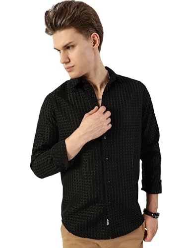Image of Thomas Scott Men's | Solid | Textured Fabric | Full Sleeve | Slim Fit | Polyester-Blend | Spread Collar | Casual Shirt