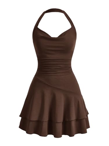 SweatyRocks Damen Minikleid A Linie Kleid Neckholder Kleider mit Rüschen Ärmelloses Mehrschichtiges Kleid Freizeitkleid Schokoladenbraun S