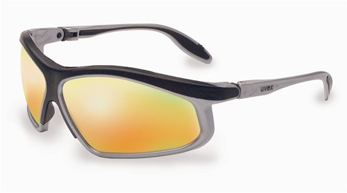 Uvex S2144 Pivot Safety Eyewear, Black and Silver Frame, Hot Orange Mirror Ultra-Dura Hardcoat Lens