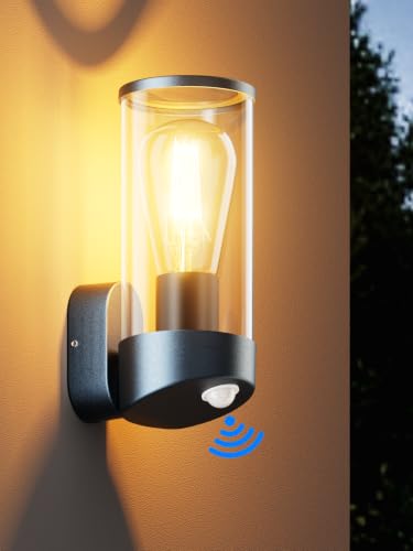 brightower Außenwandleuchte Außenlampe mit Bewegungsmelder,Aluminium Wandleuchte Außen mit Acryl klar,Assenlampe für Garten Terrasse Veranda und Garage,Exklusiv 1xE27,Ohne Leuchtmittel (Anthrazit)