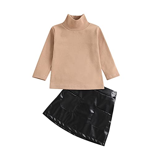 Image of Kupretty Toddler Baby Girl Fall Winter Clothes Turtleneck Solid Long Sleeve Pullover Tops Faux Leather A-Line Skirts Set Outfits (Khaki Top Faux Leather Skirt Set, 2-3T)