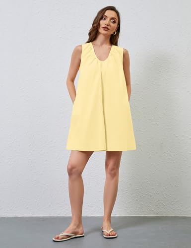 Image of MISSACTIVER Women's Sleeveless Babydoll Tank Mini Dress Scoop Neck Ruched Short Dress with Side Pockets Summer Party Dresses Yellow