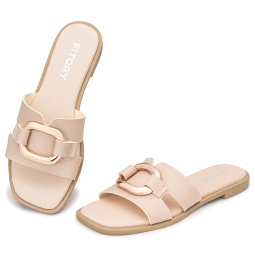 FITORY Women's Flat Sandals Fashion Square Open Toe Slides With Metal Chain Slippers for Summer Size 8 Beige
