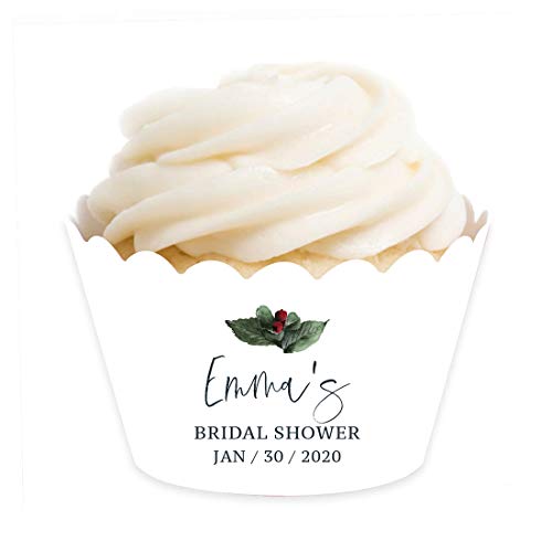 Andaz Press Winter Snowy Woodland Forest Watercolor Wedding Party Collection, Personalized Cupcake Wrappers, Custom Name Bridal Shower and Date, 24- Pack, Bridal Shower Decorations