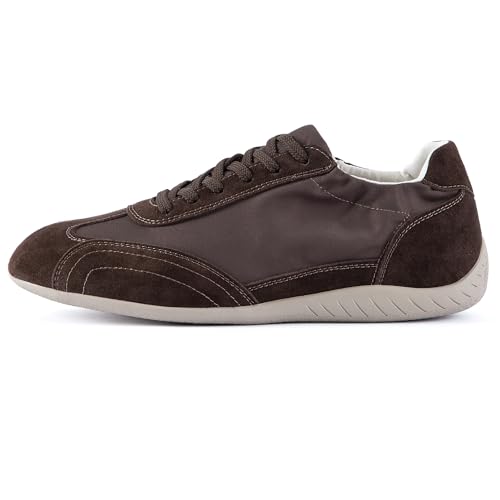 Image of N.N.G Women's Minimalist Retro Runner Sneakers Low Top - Faux Suede & Breathable Satin Panels, Lace-Up Casual Trainers,Round Toe, Coffee Brown, 5.5 UK