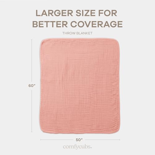 Image of Comfy Cubs Muslin Throw Blanket - 50 inch x 60 inch Quilted Design - Lightweight, Breathable 6-Layer Gauze Fabric - Soft Cotton Blanket for Home or Travel - Packaged in Elegant Gift Box - Bold Blush