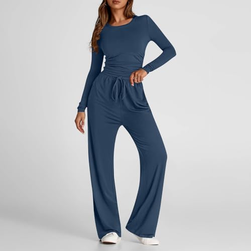 Mobeur 2 Piece Outfits Women Lounge Wear Sets Ruched Short Sleeve Crop Tops and High Elastic Waisted Wide Straight Leg Pants Tracksuit Joggers for Women UK Autumn Two Piece Outfit - Image 3