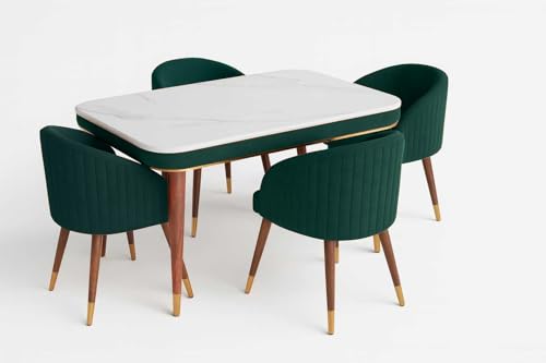 Image of WOODEN SPACE Majestic 4 Seater Wooden Dining Table Set | Urban Marble Top Dining Table with Chairs for Dining Room & Kitchen (Green)
