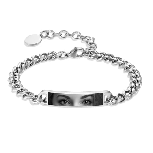 OTXIXTO Personalized Adjustable Eye Picture Bracelet for Women Men Unique Eye Engraved Design Jewelry with Stainless Steel Customized Text Sentimental Keepsake Gift for Mother Couple Friend - Silver