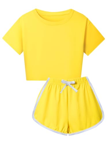 Kids Girls Sports Outfits Cotton Short Sleeve T-shirt Shorts Set For Summer Casual Workout Dance Yellow 13-14 Years
