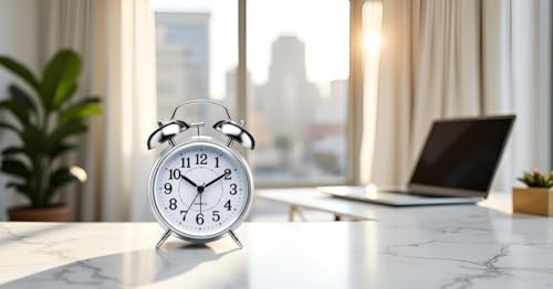 Image of Classic Twin Bell Analog Alarm Clock - Retro Metal Table Clock with Night Light & Loud Ringer - Ideal for Bedroom, Office, or Study (Silver)