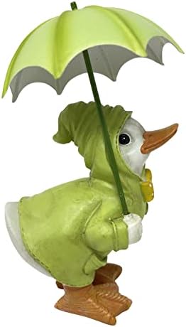 Puddle Duck Squatting With Green Umbrella Garden Decorative Ornament Hand Painted Figure Vintage Finish Home Gift HTUK®