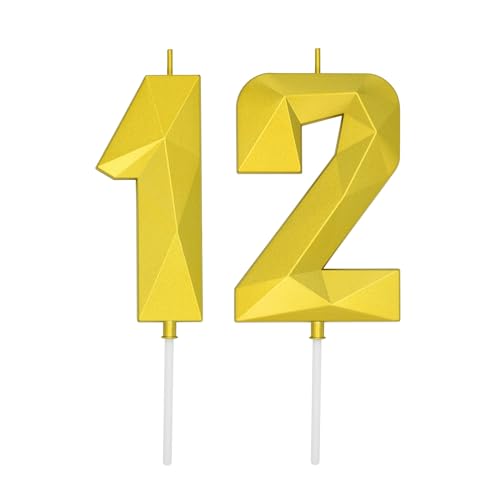 DERVENTA Large Gold 3D Number 12 Birthday Candle 3.7in Cake Topper 1 Piece