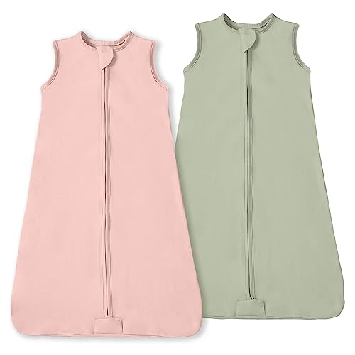 Image of Baby Girl Sleep Sack 0-6 Months, Totabic Baby Soft Wearable Blanket with 2-Way Safe Zippers, Light Sleeveless Baby Sleeping Bag, Breathable Jersey Cotton Sleepsack 0.5 Tog 2-Pack, Pink & Green