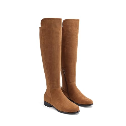 DREAM PAIRS DREAM PAIRS Women's Knee-High Boots Comfortable Flat Low Heel Round Toe Stretchy Suede Slouch Boots with Side Zipper,Size 7,Camel,SDKB2404W