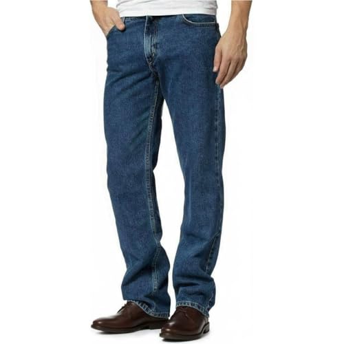 StyleWear Jean en denim uni pour hommes, jambe droite, pantalon à poches, tenue décontractée et robuste (bleu foncé, taille 48/intérieur de la jambe 27)