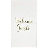 100 Gold Welcome Guests Napkins Disposable Paper Elegant Metallic Foil Dinner Guest Hand Napkin for Bathroom Powder Room Wedding Holiday Anniversary Birthday Party Baby Bridal Shower Decorative Towel
