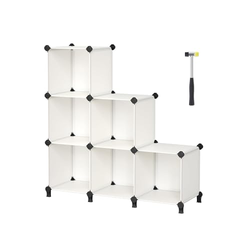 SONGMICS 6 Cube Storage Unit, Modular Plastic Cube Storage Organiser with Feet, Shoe Rack, Each Cube 30 x 30 x 30 cm, Living Room, Bedroom, Study, with Rubber Mallet, Cream White LPC111M01