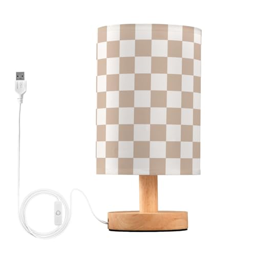 WEVIBOFU Table Lamp Brown White Checkered Nightstand Lamp with Wood
