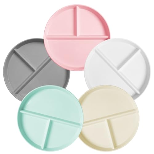 Image of WAYGYMBBD Unbreakable Divided Plates for Kids Adults 9 Inch 5Pcs，Round Portion Control Plate,3 Compartment Plates With Dividers，Microwave And Dishwasher Safe